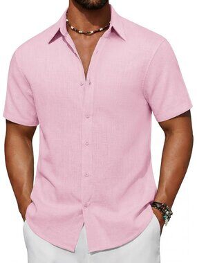 Men's Pink Short Sleeve Button Down Cotton Linen Beach Shirt Pocket